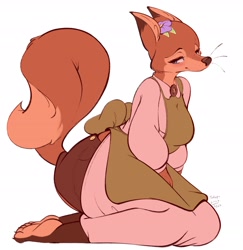 Size: 2898x2982 | Tagged: safe, artist:tohupony, oc, oc:kitsuki (tohupony), canine, fox, mammal, anthro, barefoot, bedroom eyes, big butt, blushing, breasts, butt, claws, feet, female, flower, flower on head, kneeling, looking at you, slightly chubby, smiling, smiling at you, soles, solo, solo female, thick thighs, thighs, toe claws, toes, vixen
