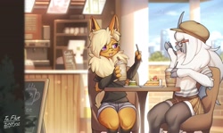 Size: 4096x2441 | Tagged: safe, artist:zinfyu, absol, eeveelution, fictional species, flareon, mammal, anthro, nintendo, pokémon, 2023, black nose, breasts, cafe, chair, claws, clothes, detailed background, digital art, duo, duo female, ears, eyelashes, eyes closed, female, females only, fluff, fur, glasses, hair, hat, headwear, horn, neck fluff, open mouth, pose, round glasses, shirt, sitting, table, tail, thighs, tongue, topwear, wide hips