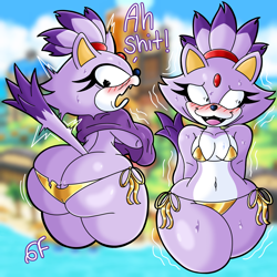 Size: 1600x1600 | Tagged: suggestive, artist:bomba_world12, blaze the cat (sonic), cat, feline, mammal, anthro, sega, sonic the hedgehog (series), 2023, belly button, bikini, black nose, blushing, breasts, butt, clothes, digital art, ears, embarrassed, eyelashes, female, fur, gold bikini, hair, huge butt, picture-in-picture, pose, rear view, simple background, solo, solo female, swimsuit, tail, thick thighs, thighs, vulgar, wardrobe malfunction, wide hips