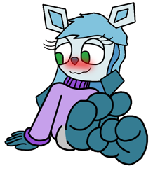 Size: 630x691 | Tagged: safe, artist:manguymango, eeveelution, fictional species, glaceon, mammal, anthro, plantigrade anthro, nintendo, pokémon, ambiguous gender, anthrofied, barefoot, blushing, feet, fetish, foot fetish, foot focus, soles, solo, toes