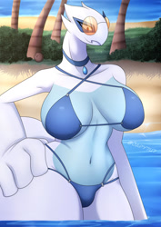 Size: 1280x1806 | Tagged: safe, artist:j4ppy, fictional species, legendary pokémon, lugia, anthro, nintendo, pokémon, 2023, beach, belly button, bikini, breasts, choker, clothes, commission, detailed background, digital art, ears, eyelashes, female, fur, glasses, looking down, ocean, pose, skinny dipping, solo, solo female, sunglasses, swimsuit, tail, thighs, water, wide hips