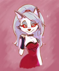 Size: 1193x1442 | Tagged: safe, artist:hime_draw, loona (vivzmind), canine, fictional species, hellhound, mammal, anthro, hazbin hotel, helluva boss, bottomwear, clothes, collar, colored sclera, dress, ear piercing, ears, female, fur, gray hair, hair, looking at you, piercing, red sclera, solo, solo female, spiked collar, white body, white fur