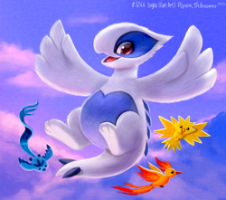Size: 750x664 | Tagged: safe, artist:cryptid-creations, articuno, fictional species, legendary pokémon, lugia, moltres, zapdos, feral, nintendo, pokémon, 2023, ambiguous gender, ambiguous only, group, open mouth