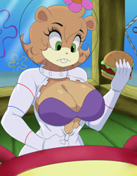 Size: 1500x1920 | Tagged: suggestive, alternate version, artist:dalley-le-alpha, sandy cheeks (spongebob), mammal, rodent, squirrel, anthro, nickelodeon, spongebob squarepants (series), 2023, big breasts, bikini, breasts, brown body, brown fur, burger, cheese, clothes, dairy products, female, flower, food, front view, fur, green eyes, krabby patty, lettuce, meat, plant, solo, solo female, swimsuit, three-quarter view, tomato, vegetables, wardrobe malfunction