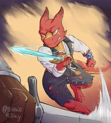 Size: 3672x4096 | Tagged: safe, alternate version, artist:biskierisky, fictional species, kobold, reptile, anthro, clothes, duo, horns, male, male focus, solo focus, sword, tail, torn clothes, weapon