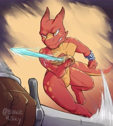 Size: 3672x4096 | Tagged: safe, alternate version, artist:biskierisky, fictional species, kobold, reptile, anthro, duo, featureless crotch, horns, male, male focus, solo focus, sword, tail, weapon