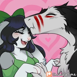 Size: 1994x2000 | Tagged: safe, artist:shambletime, fictional species, lagomorph, mammal, rabbit, sergal, anthro, blushing, clothes, eyes closed, female, kiss on the forehead, kissing, male, male/female, open mouth, topwear