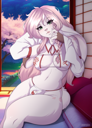 Size: 1635x2254 | Tagged: safe, artist:awrpie, oc, oc only, lagomorph, mammal, rabbit, anthro, 2023, big breasts, bikini, breasts, clothes, detailed background, digital art, ears, eyelashes, female, fur, hair, looking at you, pink nose, pose, solo, solo female, swimsuit, tail, thighs, wide hips