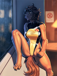 Size: 1050x1400 | Tagged: suggestive, artist:hacatiko, oc, oc only, canine, mammal, wolf, anthro, digitigrade anthro, 2023, breasts, cameltoe, clothes, commission, crying, detailed background, digital art, ears, eyelashes, female, fur, hair, one-piece swimsuit, pose, sitting, solo, solo female, swimsuit, tail, thighs, wide hips, window