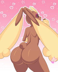 Size: 2000x2500 | Tagged: suggestive, artist:purplevulpes, fictional species, lopunny, mammal, anthro, nintendo, pokémon, 2022, blushing, breasts, butt, digital art, ear fluff, ears, eyelashes, fluff, fur, looking at you, looking back, looking back at you, nudity, open mouth, pink nose, pose, rear view, short tail, sideboob, tail, thighs, tongue, wide hips