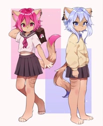 Size: 1686x2048 | Tagged: safe, artist:methynecros, oc, oc only, cat, feline, mammal, anthro, barefoot, clothes, dipstick tail, duo, female, tail, uniform