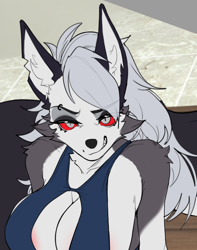 Size: 528x670 | Tagged: suggestive, artist:kambo, loona (vivzmind), canine, fictional species, hellhound, mammal, anthro, hazbin hotel, helluva boss, 2023, areola, areola slip, bedroom eyes, black nose, bottomwear, close-up, clothes, colored sclera, digital art, dress, ears, eyelashes, female, fur, hair, looking at you, red sclera, smiling, smiling at you, solo, solo female