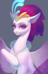 Size: 1950x3000 | Tagged: safe, artist:inarimayer, queen novo (mlp), equine, fictional species, fish, mammal, seapony, feral, friendship is magic, hasbro, my little pony, my little pony: the movie, bust, clothes, collar, colored pupils, crown, cute, digital art, eyelashes, eyeshadow, female, fin wings, fins, floppy ears, g4, gray background, hair, headwear, high res, hooves, jewelry, lidded eyes, looking at you, makeup, mane, portrait, purple eyes, purple hair, purple mane, queen novo, regalia, scales, see-through, simple background, smiling, smiling at you, solo, solo female, spread wings, underwater, water, wings