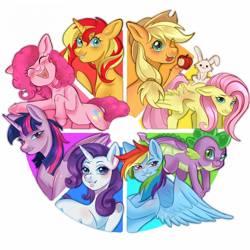 Size: 1920x1920 | Tagged: safe, artist:murfa, angel bunny (mlp), applejack (mlp), fluttershy (mlp), rainbow dash (mlp), rarity (mlp), spike (mlp), sunset shimmer (mlp), twilight sparkle (mlp), alicorn, dragon, earth pony, equine, fictional species, mammal, pegasus, pony, reptile, unicorn, western dragon, feral, semi-anthro, friendship is magic, hasbro, my little pony, apple, blonde hair, blue body, blue eyes, blue fur, clothes, color wheel challenge, cowboy hat, cutie mark, ears, eyes closed, female, food, fruit, fur, green eyes, group, hair, hat, headwear, hooves, horn, looking at you, magenta eyes, male, multicolored hair, one eye closed, open mouth, orange body, orange fur, pink body, pink fur, pink hair, purple body, purple eyes, purple fur, purple hair, red hair, scales, tail, teal eyes, tongue, tongue out, white body, white fur, wings, yellow body, yellow fur, yellow hair