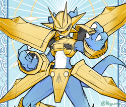 Size: 813x692 | Tagged: safe, artist:alycoris, fictional species, magnamon, digimon, 2023, abstract background, ambiguous gender, armor, blue body, digital art, gold, solo, solo ambiguous, white body