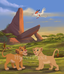Size: 1754x2021 | Tagged: safe, artist:moxifoxi, nala (the lion king), simba (the lion king), zazu (the lion king), big cat, bird, feline, hornbill, lion, mammal, feral, disney, the lion king, female, group, male, pride rock (the lion king)
