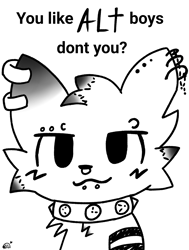 Size: 2232x2947 | Tagged: safe, artist:happilytoasted, oc, oc:silly, cat, feline, mammal, anthro, absurd resolution, ambiguous gender, armwear, boy kisser (meme), caption, clothes, collar, dialogue, digital art, dyed fur, ear piercing, earring, english text, eyebrow piercing, facial piercing, heart, high res, highlights (coloring), lip piercing, male, meme, monochrome, nose piercing, nose ring, pattern armwear, pattern clothing, piercing, punk, ring piercing, simple background, solo, solo ambiguous, solo male, spiked collar, spikes, striped armwear, striped clothes, stripes, talking, text, white background