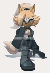 Size: 2056x3000 | Tagged: safe, artist:coffea_tea, whisper the wolf (sonic), canine, mammal, wolf, anthro, idw sonic the hedgehog, sega, sonic the hedgehog (series), 2023, blonde hair, boots, breasts, brown body, brown fur, cape, clothes, crouching, eyelashes, eyes closed, fangs, female, fur, gloves, hair, hair tie, knee pads, mask (facial marking), ponytail, sharp teeth, shoes, small breasts, solo, solo female, teeth, watermark