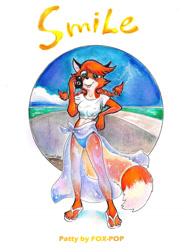 Size: 963x1280 | Tagged: safe, artist:alientiamat, oc, oc only, oc:patty (fox-popvli), canine, fox, mammal, anthro, camera, clothes, crop top, ears, feet, female, flip flops, fur, green eyes, hair, looking at you, orange body, orange fur, orange hair, pigtails, sandals, shoes, signature, solo, solo female, standing, tail, tongue, tongue out, topwear, traditional art