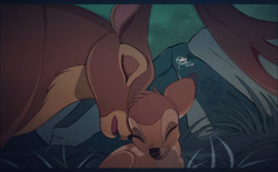 Size: 920x570 | Tagged: safe, artist:unibat, bambi (bambi), the great prince of the forest (bambi), cervid, deer, mammal, feral, bambi (film), disney, antlers, duo, duo male, father, father and child, fawn, grass, letterboxing, male, males only, son