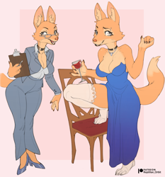 Size: 980x1052 | Tagged: safe, artist:reptilian_orbit, diane foxington (the bad guys), canine, fox, mammal, anthro, dreamworks animation, the bad guys, alcohol, bare shoulders, bottomwear, breasts, business lady, business suit, chair, choker, cleavage, clipboard, clothes, dress, drink, eyebrow piercing, female, glasses, high heels, jewelry, leaning forward, legwear, looking at you, necklace, pen, piercing, raised leg, shoes, simple background, smiling, smiling at you, stockings, thigh highs, wine, wine glass