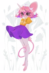 Size: 1373x2048 | Tagged: safe, artist:menthaam, mammal, mouse, rodent, anthro, bottomwear, clothes, female, shirt, skirt, solo, solo female, tail, topwear