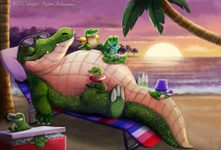 Size: 900x612 | Tagged: safe, artist:cryptid-creations, alligator, crocodilian, reptile, feral, 2023, ambiguous gender, ambiguous only, beach, cute, eyes closed, glasses, group, inner tube, palm tree, plant, relaxing, smiling, sunglasses, sunset, tree, water