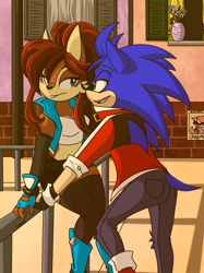 Size: 1024x1366 | Tagged: safe, artist:sassymelvin, princess sally acorn (sonic), sonic the hedgehog (sonic), chipmunk, hedgehog, mammal, rodent, anthro, archie sonic the hedgehog, sega, sonic the hedgehog (series), duo, female, male, male/female, sonally (sonic)