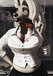 Size: 1750x2500 | Tagged: safe, artist:akkusky, loona (vivzmind), canine, fictional species, hellhound, mammal, anthro, hazbin hotel, helluva boss, 2022, belly button, big breasts, breasts, cigarette, cleavage, clothes, collar, colored sclera, digital art, ears, eyebrow piercing, female, fur, glasses, gray body, gray fur, gray hair, hair, indoors, midriff peek, piercing, red sclera, shirt, smoking, solo, solo female, topwear
