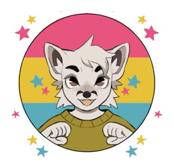Size: 841x813 | Tagged: safe, artist:wiskors, oc, oc only, canine, mammal, anthro, bust, clothes, fist, flag, front view, fur, green sweater, icon, male, pansexual pride flag, pride flag, simple background, solo, solo male, star, sweater, topwear, white background, white body, white fur