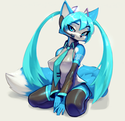 Size: 1949x1890 | Tagged: safe, artist:oughta, krystal (star fox), miku hatsune (vocaloid), canine, fox, mammal, anthro, nintendo, star fox, vocaloid, 2023, bottomwear, breasts, clothes, cosplay, female, headphones, headset, headwear, kneeling, legwear, looking at you, necktie, simple background, skirt, sleeves, smiling, smiling at you, solo, solo female, thigh highs, wig