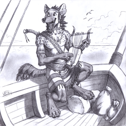 Size: 1302x1300 | Tagged: safe, artist:0laffson, hyena, mammal, spotted hyena, anthro, digitigrade anthro, clothes, ears, fur, hair, jewelry, lyre, male, monochrome, musical instrument, necklace, open mouth, outdoors, paws, ship, signature, solo, solo male, spots, spotted fur, tail, tongue, traditional art