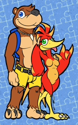 Size: 750x1200 | Tagged: suggestive, artist:bassybefuddle, banjo (banjo-kazooie), kazooie (banjo-kazooie), bear, bird, breegull, fictional species, mammal, anthro, banjo-kazooie, rareware, breasts, feathers, featureless breasts, featureless crotch, nudity, tail, tail feathers, tongue, tongue out, wing hands