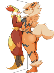 Size: 1400x1900 | Tagged: suggestive, artist:danonymous13, arcanine, delphox, fictional species, mammal, anthro, digitigrade anthro, nintendo, pokémon, 2020, anthro/anthro, blushing, breast frottage, breasts, butt, digital art, duo, duo female, ear fluff, ears, eyelashes, female, female/female, females only, fluff, fur, hair, leg fluff, lifting, looking at each other, looking at you, looking back, looking back at you, meme, neck fluff, nudity, pose, shortstack, shoulder fluff, shrunken pupils, sideboob, simple background, starter pokémon, tail, thighs, white background, wide hips