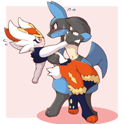 Size: 2000x2000 | Tagged: safe, artist:acky05_wolf, cinderace, fictional species, lucario, mammal, anthro, nintendo, pokémon, 2023, blue body, blue fur, blushing, dancing, duo, female, fur, looking at each other, male, red eyes, simple background, starter pokémon, sweat, tail, white body, white fur