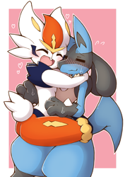 Size: 1413x2000 | Tagged: safe, artist:acky05_wolf, cinderace, fictional species, lucario, mammal, anthro, nintendo, pokémon, 2023, blue body, blue fur, butt, duo, eyes closed, female, fur, heart, hug, male, open mouth, open smile, simple background, smiling, starter pokémon, sweat, tail, white body, white fur