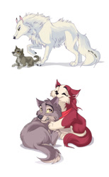 Size: 746x1214 | Tagged: safe, artist:oha, aniu (balto), balto (balto), jenna (balto), canine, dog, husky, hybrid, mammal, wolf, wolfdog, feral, balto (series), cub, cuddling, female, group, hug, male, mother, mother and child, mother and son, playing, son, trio, young
