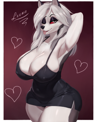 Size: 2383x3000 | Tagged: safe, artist:demongirlarts, loona (vivzmind), canine, fictional species, hellhound, mammal, anthro, helluva boss, 2023, absolute cleavage, arms behind head, bedroom eyes, belly button, big breasts, border, bottomwear, breasts, cleavage, clothes, colored sclera, dress, ears, female, gray hair, hair, huge breasts, lidded eyes, long hair, looking at you, nipple outline, one eye closed, red sclera, silver hair, solo, solo female, thick thighs, thighs, tongue, tongue out, white body, white border, winking
