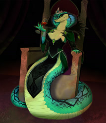 Size: 1300x1521 | Tagged: safe, artist:pigsfw, fictional species, reptile, snake, anthro, naga, big breasts, bottomwear, breasts, clothes, crown, dress, female, headwear, hood, jewelry, regalia, scales, sitting, solo, solo female, throne