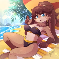 Size: 2362x2362 | Tagged: safe, artist:drawligator, lop (star wars: visions), lagomorph, mammal, rabbit, anthro, star wars, star wars: visions, beach, bikini, breasts, clothes, female, fluff, neck fluff, solo, solo female, swimsuit, thick thighs, thighs, wide hips