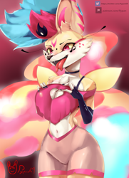 Size: 2971x4096 | Tagged: safe, artist:pypan69, queen bee-lzebub (vivzmind), arthropod, bee, canine, demon, fennec fox, fictional species, fox, hybrid, insect, mammal, anthro, hazbin hotel, helluva boss, twitter, 2023, absurd resolution, cleavage window, clothes, deadly sin, female, high res, open mouth, patreon, patreon logo, sin of gluttony, solo, solo female, twitter logo, url, vixen