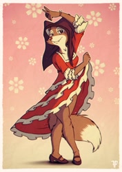 Size: 905x1280 | Tagged: safe, artist:fox-popvli, canine, fox, mammal, red fox, anthro, dogtanian and the three muskehounds, bottomwear, brown body, brown fur, clothes, digital art, disguise, dress, ears, female, fur, milady (muskehounds), shoes, solo, solo female, tail, vixen, white body, white fur