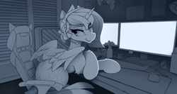 Size: 2500x1341 | Tagged: safe, artist:yakovlev-vad, princess luna (mlp), alicorn, equine, fictional species, mammal, pony, feral, gamer luna, friendship is magic, hasbro, my little pony, 2020, biting, bone, chair, computer, computer mouse, female, headphones, headset, headwear, indoors, keyboard, lip biting, looking back, mare, monitor, monochrome, office chair, plant, rubik's cube, sketch, skull, slim, solo, solo female, work in progress