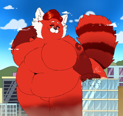 Size: 1976x1864 | Tagged: suggestive, artist:m4rb1t, ming lee (turning red), mammal, red panda, anthro, disney, pixar, turning red, fat, female, giantess, macro, obese
