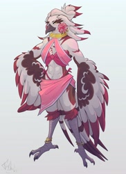 Size: 2981x4096 | Tagged: safe, artist:firemoonxd, bird, fictional species, rito, anthro, nintendo, the legend of zelda, beak, bra, clothes, feathered wings, feathers, female, flower, flower on head, panties, sarong, solo, solo female, tail, tail feathers, underwear, winged arms, wings
