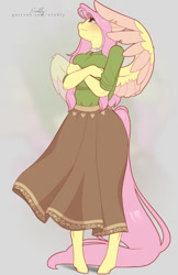 Size: 713x1100 | Tagged: safe, artist:evehly, fluttershy (mlp), equine, fictional species, mammal, pegasus, pony, anthro, friendship is magic, hasbro, my little pony, blushing, bottomwear, clothes, feathers, female, long skirt, skirt, solo, solo female, tail, wings