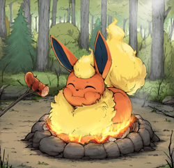 Size: 1956x1883 | Tagged: safe, artist:otakuap, eeveelution, fictional species, flareon, mammal, feral, nintendo, pokémon, 2023, ambiguous gender, black nose, cute, digital art, ears, eating, eyes closed, fire, fireplace, fluff, food, forest, fur, loafing, lying down, meat, neck fluff, plant, prone, sausage, solo, solo ambiguous, stick, tail, tree