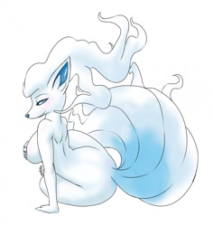 Size: 1206x1280 | Tagged: suggestive, artist:creampup, alolan ninetales, fictional species, ninetales, anthro, nintendo, pokémon, 2016, bedroom eyes, black nose, breasts, butt, digital art, ears, eyelashes, female, fur, hair, looking at you, looking back, looking back at you, nudity, pose, rear view, sideboob, simple background, sitting, solo, solo female, tail, thighs, wide hips