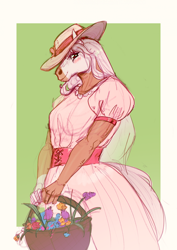 Size: 1614x2283 | Tagged: safe, artist:nebanan, oc, oc:isabella (stellaweteranina), equine, horse, mammal, anthro, 2023, 2d, basket, blushing, bottomwear, brown body, brown eyes, brown fur, clothes, container, cottagecore, cream body, cream fur, digital art, dress, ears, female, flower, fur, green background, hair, hat, headwear, looking at you, pink hair, plant, puffy sleeves, simple background, solo, solo female, sun hat, ungulate