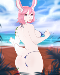 Size: 1715x2148 | Tagged: suggestive, artist:nomirin, oc, oc only, lagomorph, mammal, rabbit, anthro, 2023, beach, bikini, breasts, butt, clothes, commission, detailed background, digital art, ears, eyelashes, female, fur, looking at you, looking back, looking back at you, pink nose, rear view, short tail, sideboob, solo, solo female, swimsuit, tail, tattoo, thighs, undressing, wide hips